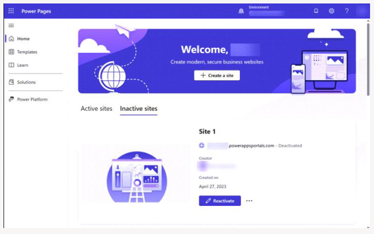 Reactivate Power Pages site screen